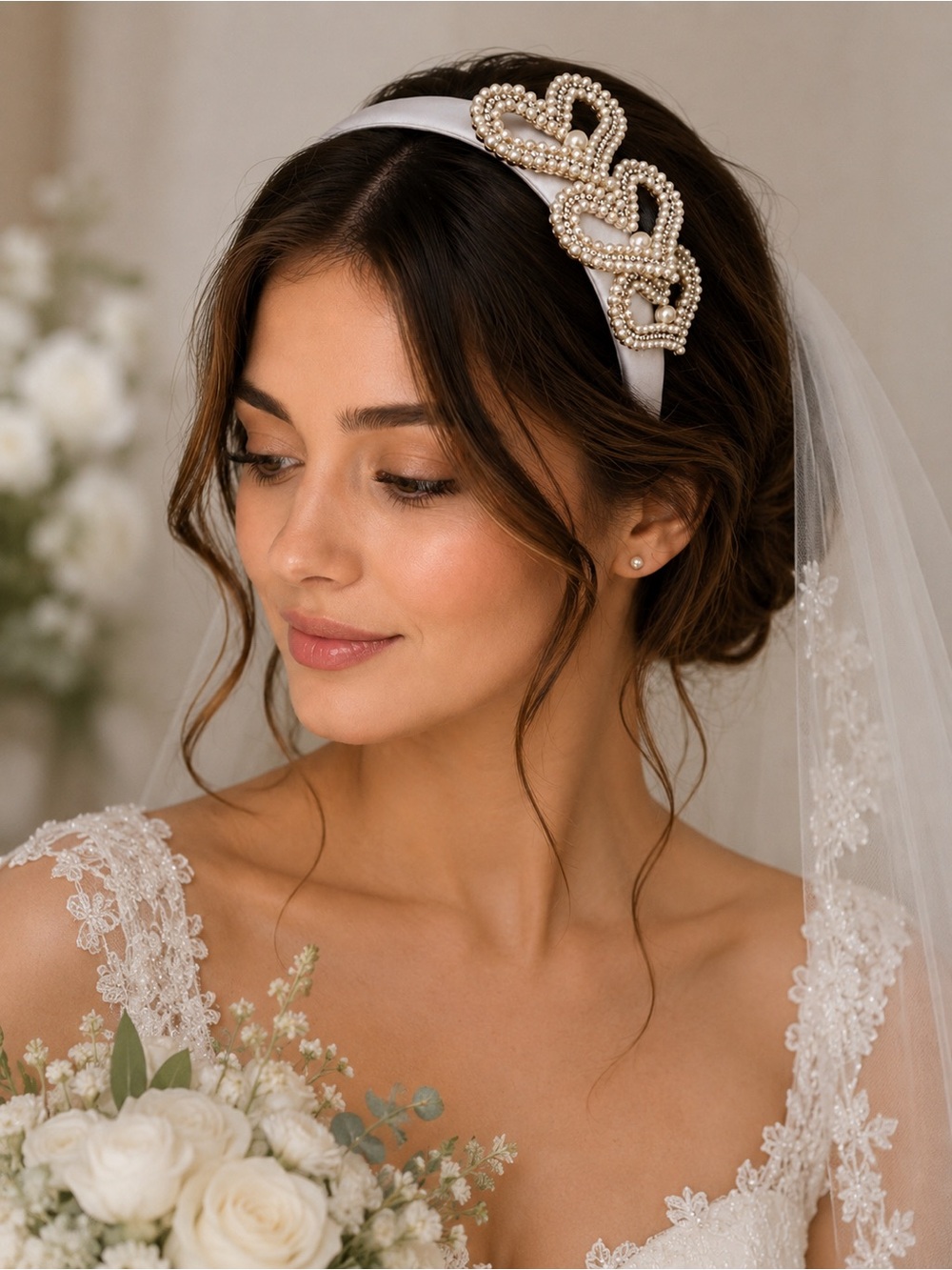 Pearl Embellished White Bridal Headband